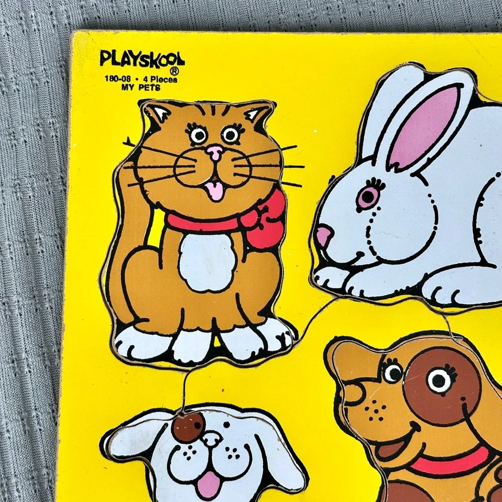Vintage My Pets Wooden Peg Puzzle 4 Pieces Cat Dog Rabbit Puppy Made in USA